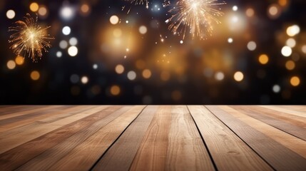 Wood floor empty with bokeh lights on fireworks background, Advertisement, Print media, Illustration, Banner, for website, copy space, for word, template, presentation