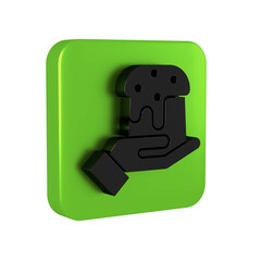 Black Human hand and easter cake icon isolated on transparent background. Happy Easter. Green square button.