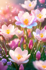 Spring blooming background with beautiful crocuses with bokeh.
