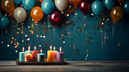 Wide happy birthday background, birthday celebration banner backdrop with different colorful candles and gift boxes in dark environment 