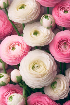 Beautiful flowers composition in pastel colors: pink and white ranunculus. Perfectly for Birthday, Women's Day, anniversary and Valentine's Day.