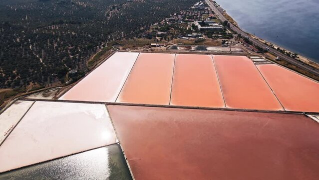 Aerial view of ston saltworks with evaporation salt ponds in Turkiye
