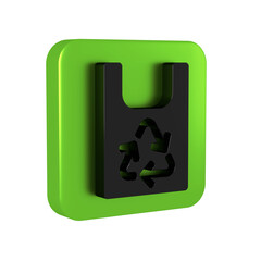 Black Plastic bag with recycle icon isolated on transparent background. Bag with recycling symbol. Green square button.