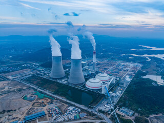 Aerial photography of cooling towers in thermal power plants