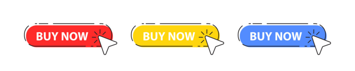 Buy now button icon. Mouse cursor push to shop symbol. Press on the site sale. Online bar click in the store. Promotion banner. Vector illustration.