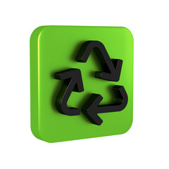 Black Recycle symbol icon isolated on transparent background. Circular arrow icon. Environment recyclable go green. Green square button.