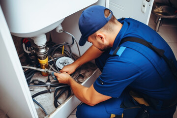 Professional plumber checking a water heater boiler and pipes, boiler installing, service and maintenance concept. - obrazy, fototapety, plakaty
