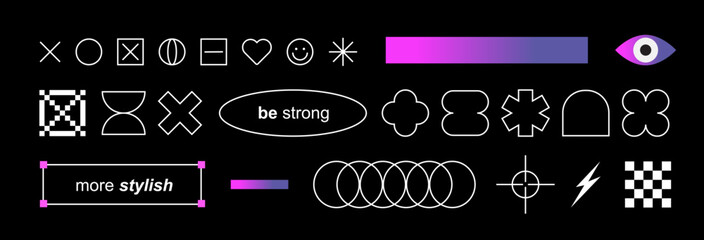 Playful line shapes in Y2k style. Brutalism and minimalism aesthetic. Retro futuristic. Abstract geometric elements for modern web and graphic design. a majestic pink-black combination. Gradient. Rave