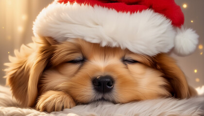 A brown baby puppy sleeping wearing a Santa hat.