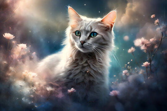 spiritual mystic  cat over ethereal dreamy tender background like fantasy animals, angelic soul of animals and love for animals