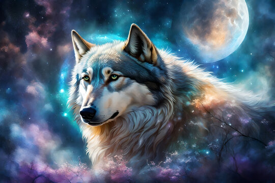 spiritual mystic wolf  over ethereal dreamy tender background like fantasy animals, angelic soul of animals and love for animals
