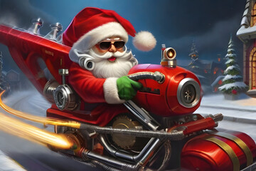 rock star Santa Claus on a motorcycle turbo booster
