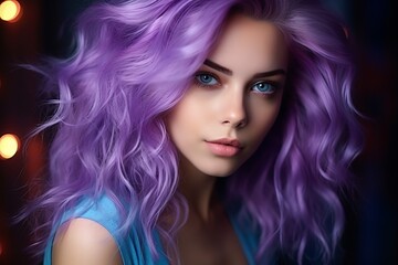 Naklejka premium A Glamorous Purple-haired Woman Striking a Pose for a Captivating Photograph. A woman with long purple hair is posing for a picture