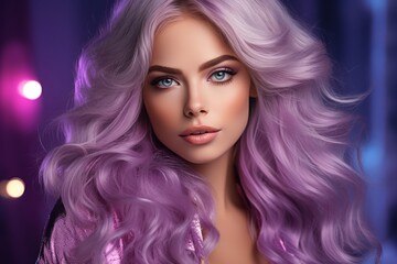 Fototapeta premium A Glamorous Purple-haired Woman Striking a Pose for a Captivating Photograph. A woman with long purple hair is posing for a picture
