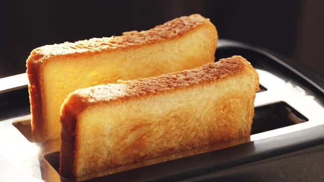 Golden toasted slices of bread. Toasted bread slowly emerging from the toaster. Breakfast concept. In the sunny morning light, appetizing slices of toaster bread.