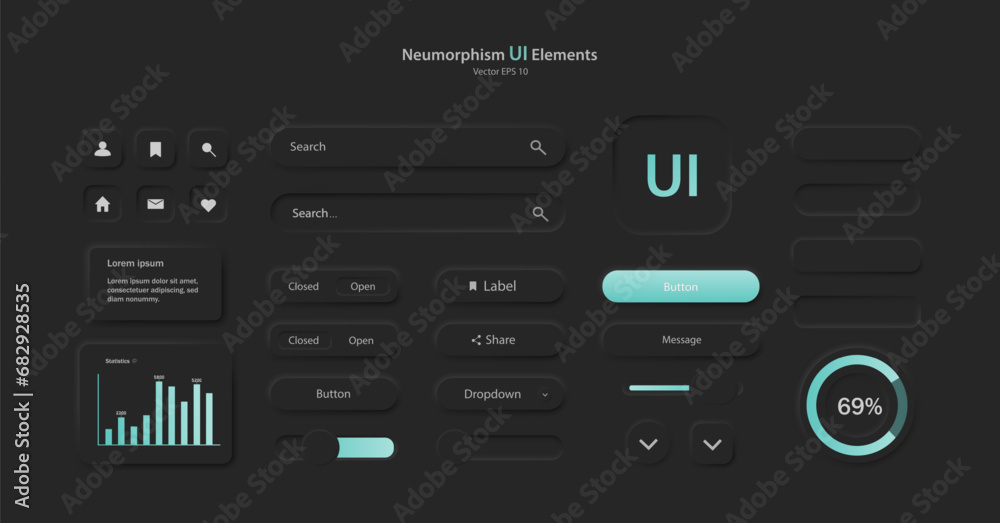 Poster a set of user interface elements for a mobile application in black. buttons for mobile devices in th
