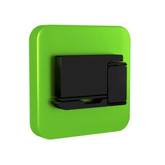 Black Computer monitor and mobile phone icon isolated on transparent background. Earnings in the Internet, marketing. Green square button.