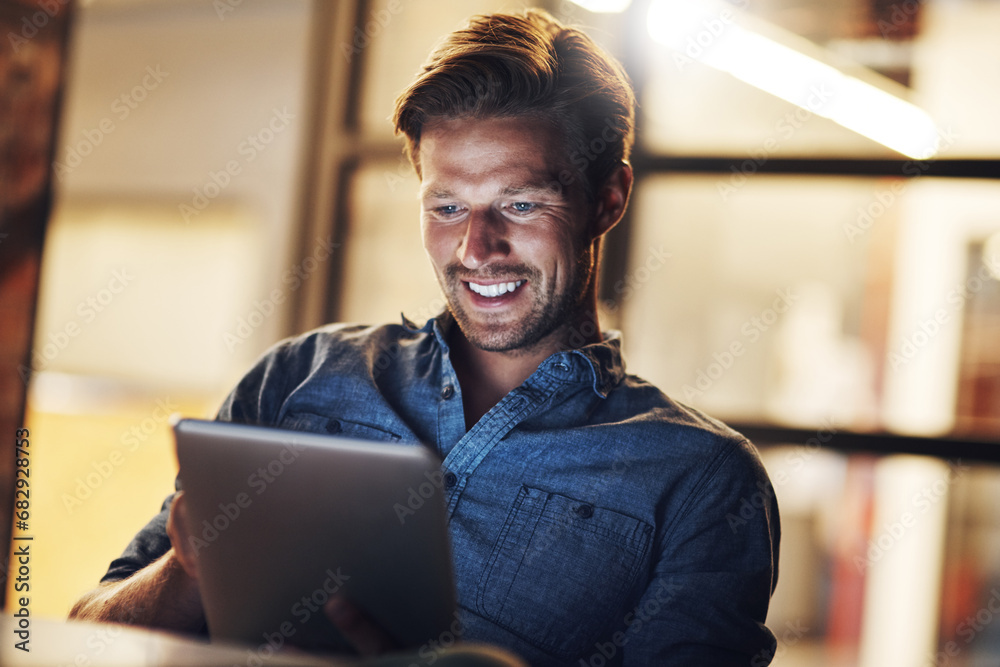 Poster night, business and man with a tablet, connection and smile with online reading, research and commun