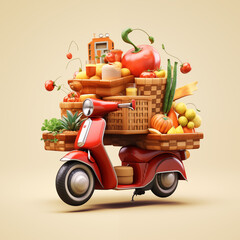 illustration of food delivery concept with scooter like a vespa and varius baskets with fruits and vegetables, cartoon style