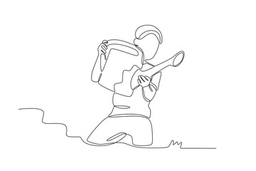 A boy watering plants with a watering can. Garden one-line drawing