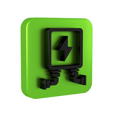 Black Electric transformer icon isolated on transparent background. Green square button.