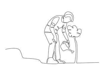 A man watering a tree. Garden one-line drawing