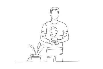 A gardener holding a plant. Garden one-line drawing