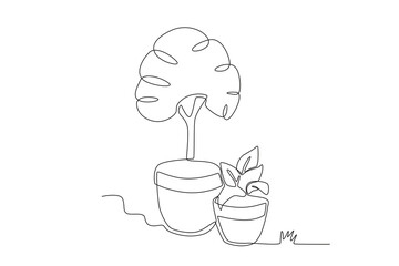 Two plants in small pots. Garden one-line drawing