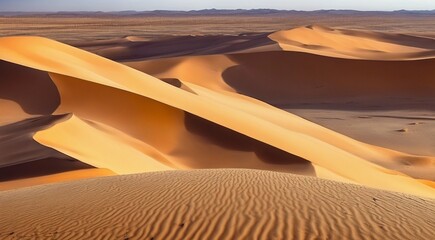 Fototapeta na wymiar sunset in the desert, panoramic desert scene, sand in the desert, landscape in the desert