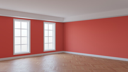 Light Red Interior with a White Ceiling and Cornice, Glossy Herringbone Parquet Floor, Two Large Windows and a White Plinth. Unfurnished Room Concept. 3d Rendering. 8K Ultra HD, 7680x4320, 300 dpi