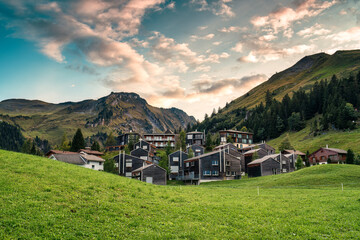 Fototapeta na wymiar Mountain village of Stoos surrounded by Swiss Alps, in summer at Schwyz, Switzerland