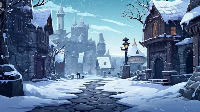 Mysterious scenery of a magnificent castle in winter with snowfall. seamless looping virtual animation background, cartoon style. Generated with AI