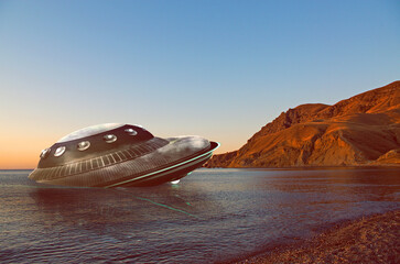 UFO, broken space saucer lies in the water on the banks of a sea or lake after an accident and crash. Landscape with invasion by extraterrestrial space object © TSViPhoto