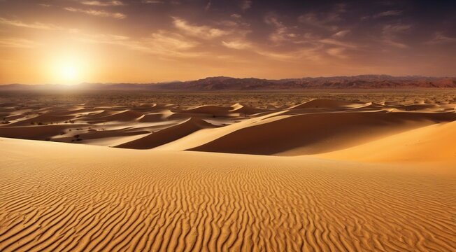 sunset in the desert, panoramic desert scene, sand in the desert, landscape in the desert