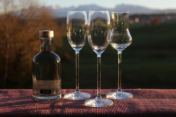 Drei Grappagläser und eine kleine Flasche Grappa. Grappa ist eine Tresterspirituose aus Italien....