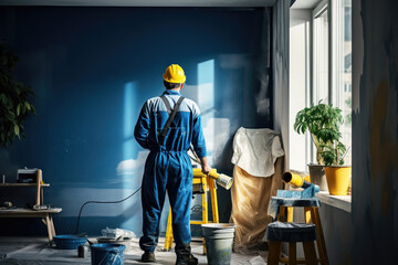 Back view of a house painter painting a wall