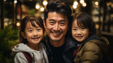 
Portrait of father with his two little children happy and smiling. Asian family in shopping center. Father, daughter and son smiling at the camera in a restaurant. Happy family. Concept of love.