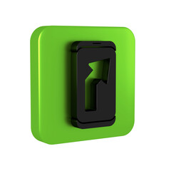 Black Infographic of city map navigation icon isolated on transparent background. Mobile App Interface concept design. Geolacation concept. Green square button.