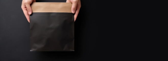 cropped view of woman holding black paper bag isolated on black, banner