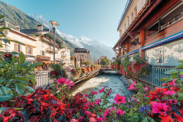 Chamonix Mont Blanc downtown among the French alps with flower blooming, canel and architechural...