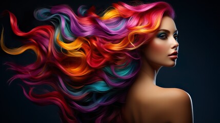 Beautiful girl with rainbow hair, professional hair coloring - obrazy, fototapety, plakaty