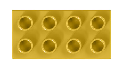 Metallic Gold Lego Block Isolated on a White Background. Close Up View of a Plastic Children Game Brick for Constructors, Top View. High Quality 3D Rendering with a Work Path. 8K Ultra HD, 7680x4320