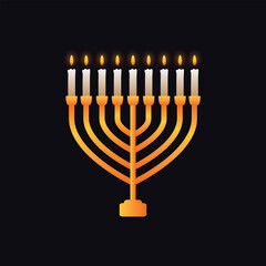 Hanukkah menorah. Traditional Jewish chanukiah candle holder with nine glowing candles on dark blue background. Vector illustration eps 10.