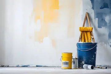 Foto op Plexiglas Composition with paint decorator tools paint roller, paint bucket and paint cans © pilipphoto