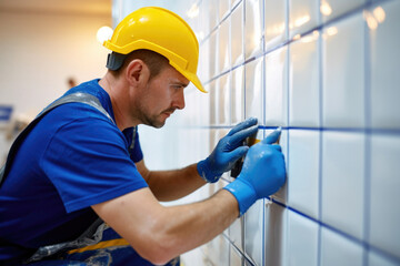 Male worker professional laying ceramic tiles on the wall  - obrazy, fototapety, plakaty