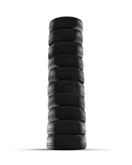 Big Stack of car tires with a great profile. Set of summer or winter tyres in front. On transparent...
