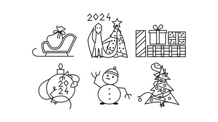 Happy New Year icons set. Dragon, symbol 2024. Collection Christmas line art elements. 