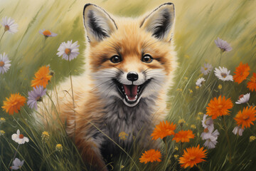 Fototapeta premium Cute fox in the grass, drawn with colored pencils.