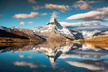 Garden poster Reflection Matterhorn mountain reflected on Lake Stellisee in the morning at Zermatt, Switzerland