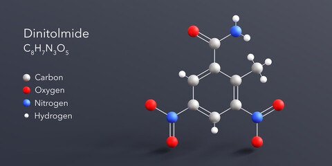 dinitolmide molecule 3d rendering, flat molecular structure with chemical formula and atoms color coding